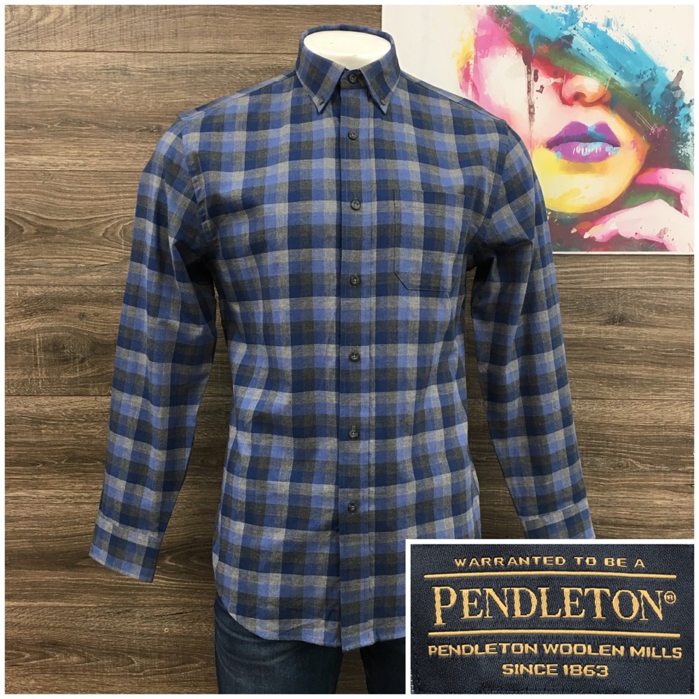 Pendleton Landry Mens Blue Grey‎ Plaid Cotton Wool Blend Button Down Shirt M